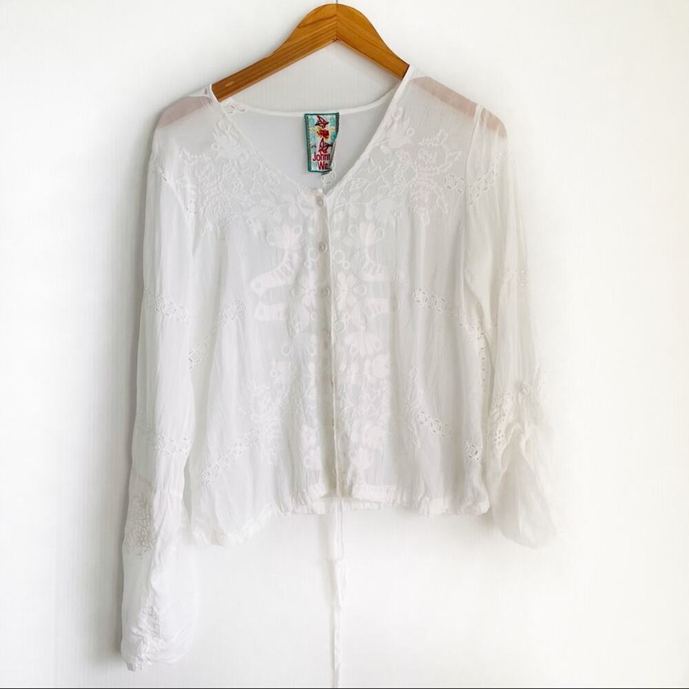 Johnny Was embroidered sheer cardigan jacket button front top tie waist XS white